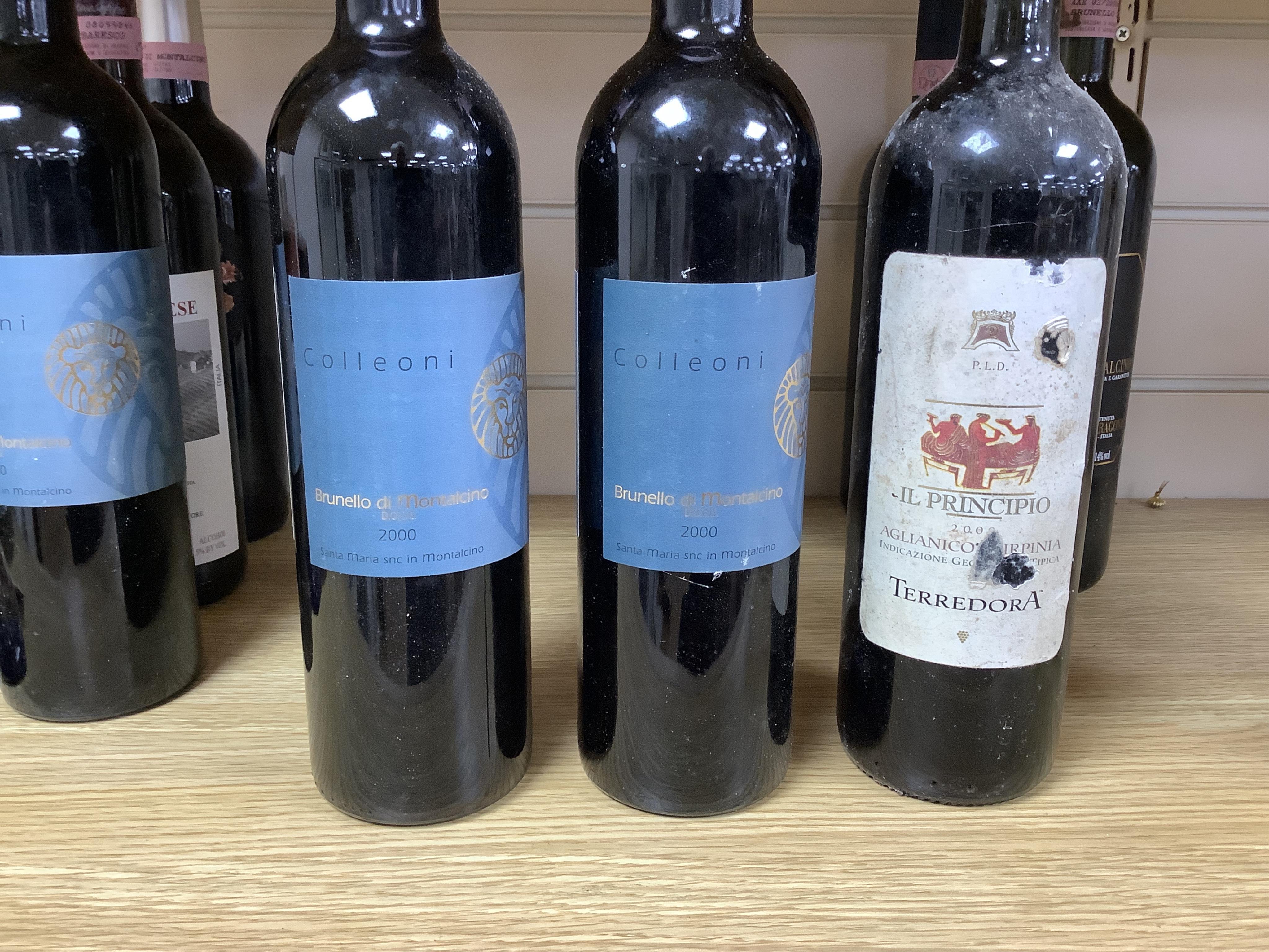 Sixteen bottles of various Italian wines to include Colleoni Brunello di Montalcino, 2000, Lisini 1997 and Casanova Di Neri 1997. Condition - fair to good, storage history unknown